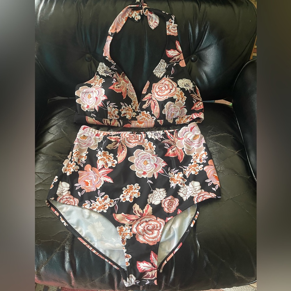 Floral Halter Bikini Set - Black and Pink
